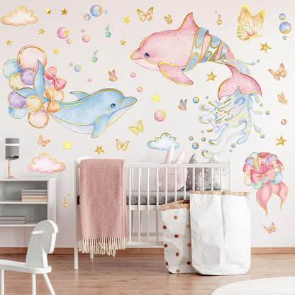 Under the Sea Dolphin Wall Stickers Cute Dolphins Bubbles Wall Decals Ocean Animal Peel and Stick Decor for Kids Room Bedroom (Pink)