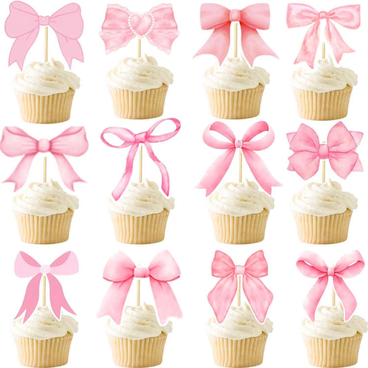 24PCS Coquette Bow Cupcake Toppers, Pink Bow Coquette Birthday Cake Decorations for Bachelorette Bridal Engagement Wedding Girl Baby Shower Bow Theme Party Decor