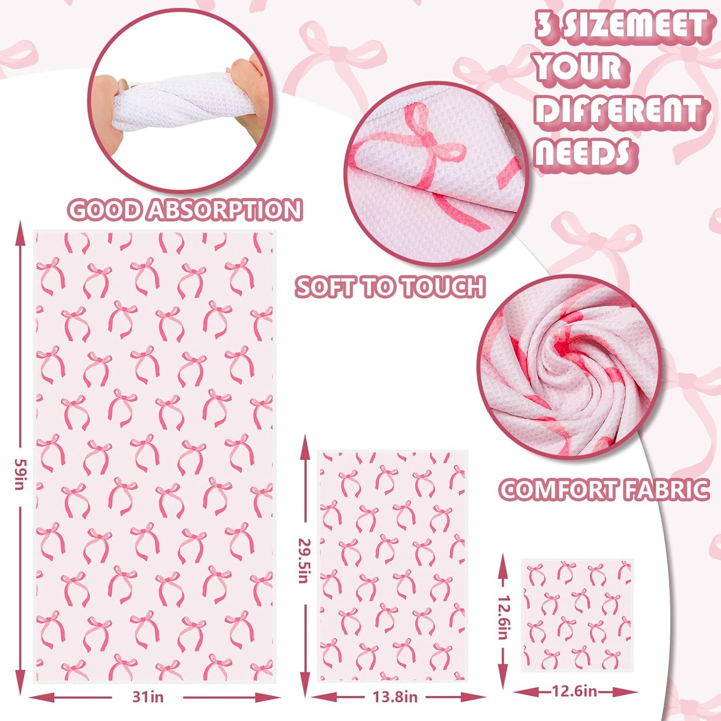 JarThenaAMCS Pink Bow Bathroom Towels Set of 3 Watercolor Bowknot Coquette Absorbent Towels Bath Hand Towel Wash Cloth for Beach Swim Shower Drying