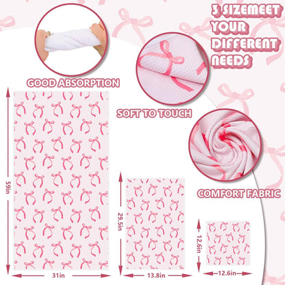 JarThenaAMCS Pink Bow Bathroom Towels Set of 3 Watercolor Bowknot Coquette Absorbent Towels Bath Hand Towel Wash Cloth for Beach Swim Shower Drying