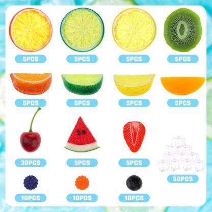 Gresorth 160pcs Artificial Kiwi Slice Yellow Peach Lemon Decoration Fake Watermelon Strawberry Block Realistic Raspberry Blueberry Cherry Ice Cube Display