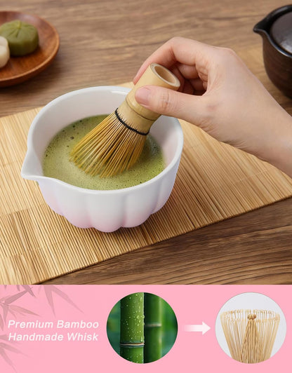Matcha Whisk Set, 7 Pcs, Matcha Kit Includes Matcha Bowl, Matcha Whisk and Holder, Bamboo Scoop, Spoon, Sifter and Tea Towel, Matcha Set, Gift for Matcha Lovers & Beginners (Gradient Pink)
