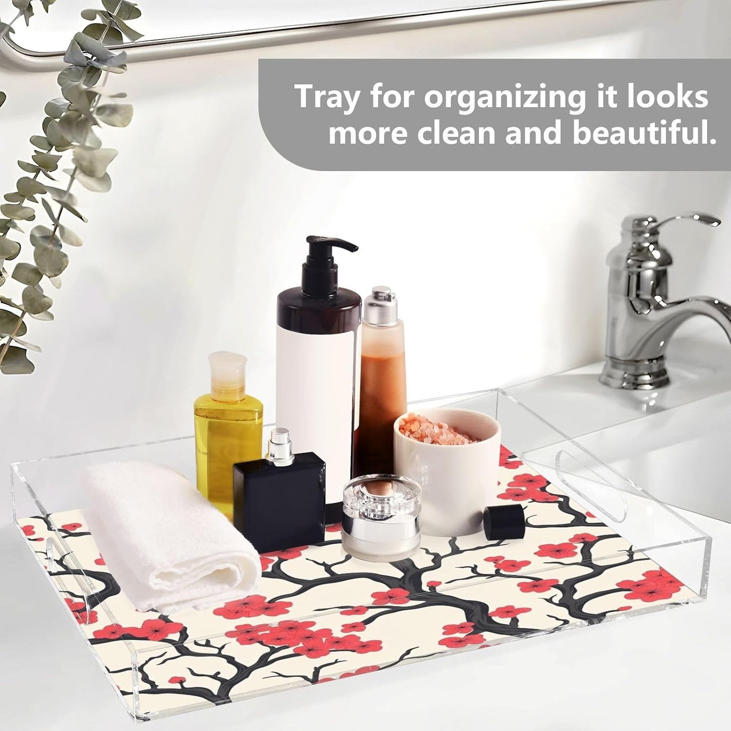 Pink Peach Flowers Acrylic Serving Tray with Handles,Clear Serving Tray Decorative Organiser for Ottoman, Kitchen, Bedroom Decorative 12x16 Inches