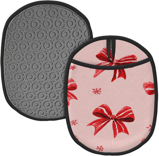 Red White Bow On Light Pink Silicone Pot Holders,2pcs, Heat Resistant Oven Mitts Large Potholders for Kitchen Cooking Baking Hot Pads