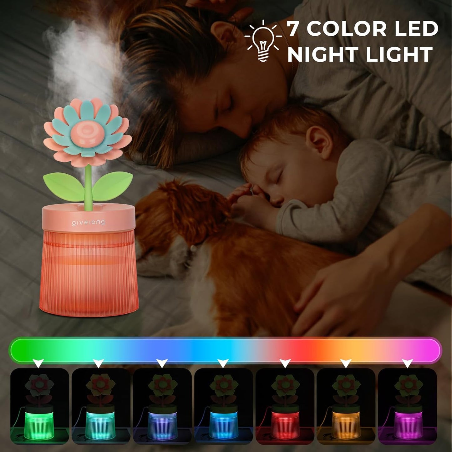260ml Flower Mini Humidifier, Pink Sunflower Desktop Small Humidifiers, Personal Cool Mist Humidification, USB Desk Humidifier for Bedroom, Office, Travel & Indoor Plants