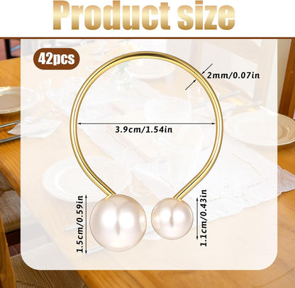 Set of 42 Pearl Napkin Rings, Gold Napkin Ring Holders with Faux Pearls Scratch-Resistant Serviette Ring Buckle for Wedding Christmas Holiday Party Dinning Table Setting Supplies