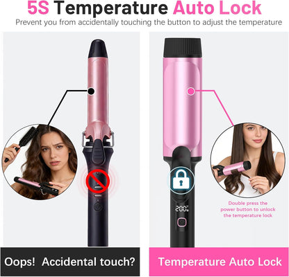 Large Curling Iron 2 Inch,Large Barrel Curling Iron for Long Hair,Dual Voltage Curling Iron 110-240V with European Plug,Curling Wand with Clamp for Loose Curls,5 Temp Digital Display,Temp Lock