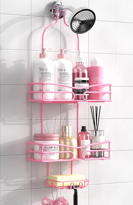 DAOYA Pink 3-Tier Over Head Shower Caddy with Soap Holder & 6 Hooks - Hanging Shower Caddy for Bathroom Organizer