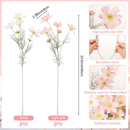 6 Pcs 23.6 Inch Pink White Artificial Flowers Cosmos for Vase,Pink Fake Flowers Artificial Silk Flower Arrangements with Stems for Wedding Bouquets Table Centerpieces Home Decor