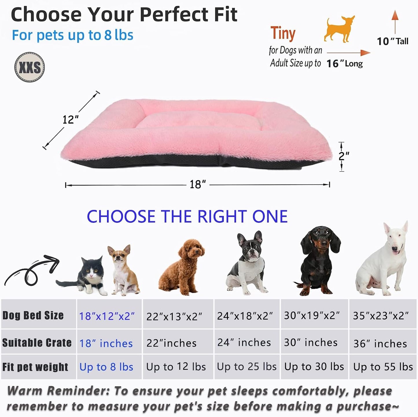 Dog Crate Bed Washable Dog Beds for XX-Small Dogs Deluxe Thick Faux Fur Fluffy Comfy Kennel Pad Anti-Slip Pet Sleeping Mat,Indoor Puppy Mattress Cat Kitten Cute Cushion Fit Crates 18 x 12 Inch,Pink