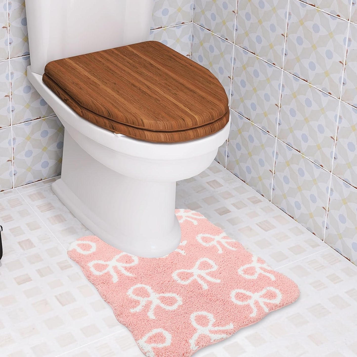 FYSUIMU Pink Bow Bathroom Rug U-Shaped Toilet Rug Soft Plush Bath Mat Non Slip Washable Floor Mat for Home Hotel Bathroom Restroom Decor