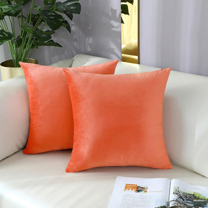 mixeoo Comfy Peach Coral Throw Pillow Covers Decorative Square Solid Velvet Super Soft Cushion Cases Home Decor for Sofa Couch, Set of 2, 18 x 18 Inch