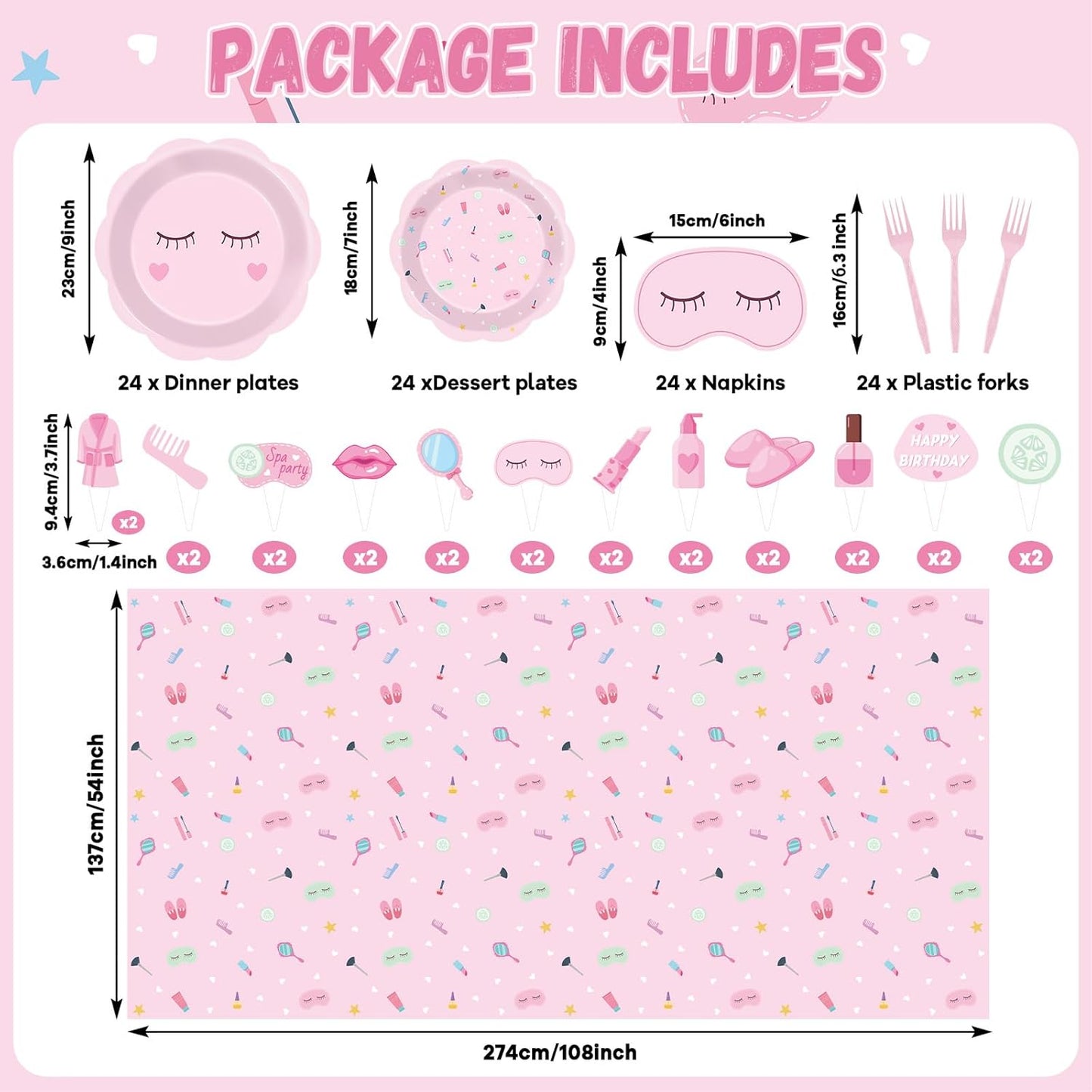 Pink Spa Party Decorations Sleepover Birthday Plates Tableware Tablecloth Set Makeup Banners Balloons Spa Theme Cake Toppers Hanging Swirls for Girls Women Slumber Pajama Party Supplies