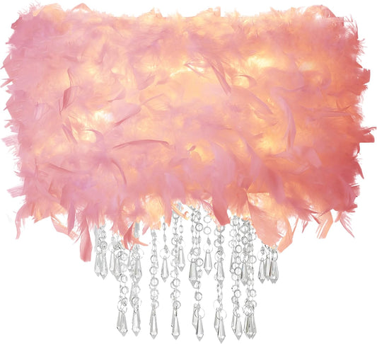 Feather Lamp Shade with Acrylic Beads Droplets, Soft Lampshade for Pendant, Table, Floor & Wall Lighting, Bedroom Wedding Decor, ID 11.8inch, OD 15.7inch, Pink