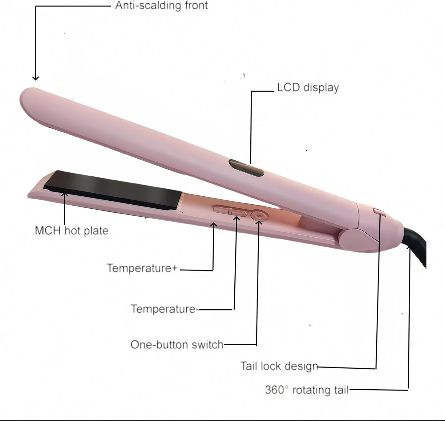 Professional Hair Straightener, Titanium Flat Iron with LCD Display, MCH Hot Plate, 360° Rotating Cord, Fast Heat Up, 2-in-1 Straightening and Curling (Light Pink)