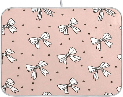 Cute Bow Light Pink Cute Dish Drying Mat Absorbent Dishes Drainer Rack Mats Microfiber Reversible Dish Drying Pad Fast Dry Kitchen Accessories 16x18in For Kitchen Counter
