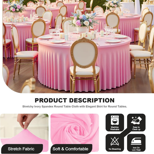 4 Pack Pink 60 inch Round Spandex Tablecloth,Wrinkle-Free Stretchy Fitted 5FT Round Tables,Elastic Edge with Skirt,Washable Tablecloths for Wedding Banquet Party Birthday Buffet
