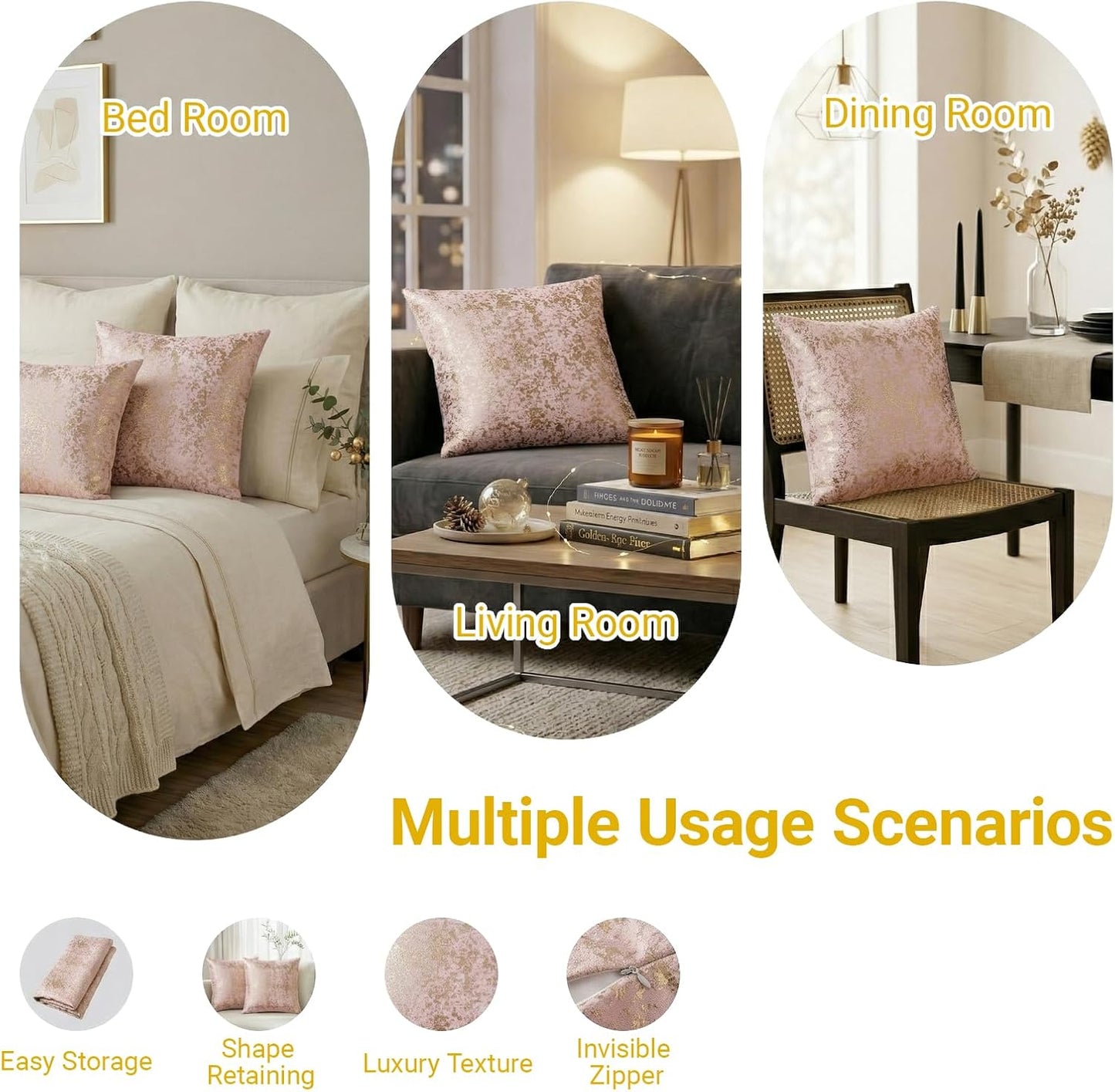 Q&J FABRIC CO. 2 Pack Velvet Throw Pillow Covers 20x20'', Luxury Dutch Fleece Soft Square Cushion Cases Gold Foil Embossed for Sofa & Home Decor Pink