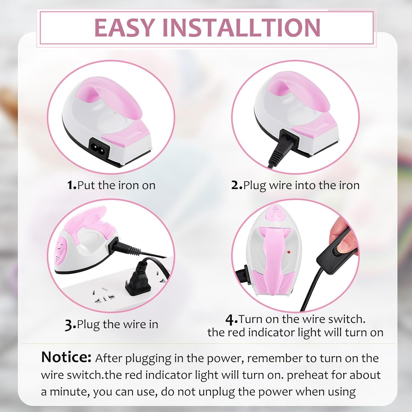 Honoson Mini Craft Iron Mini Heat Press Small Iron 3.93 x 2.36 x 2.76 in Portable Handy Tiny Flatiron with Charging Base Accessory for Fuse Bead Patch DIY Heat Transfer Vinyl(Light Pink,White)