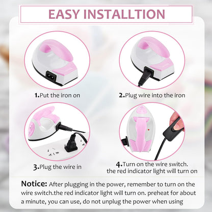 Honoson Mini Craft Iron Mini Heat Press Small Iron 3.93 x 2.36 x 2.76 in Portable Handy Tiny Flatiron with Charging Base Accessory for Fuse Bead Patch DIY Heat Transfer Vinyl(Light Pink,White)