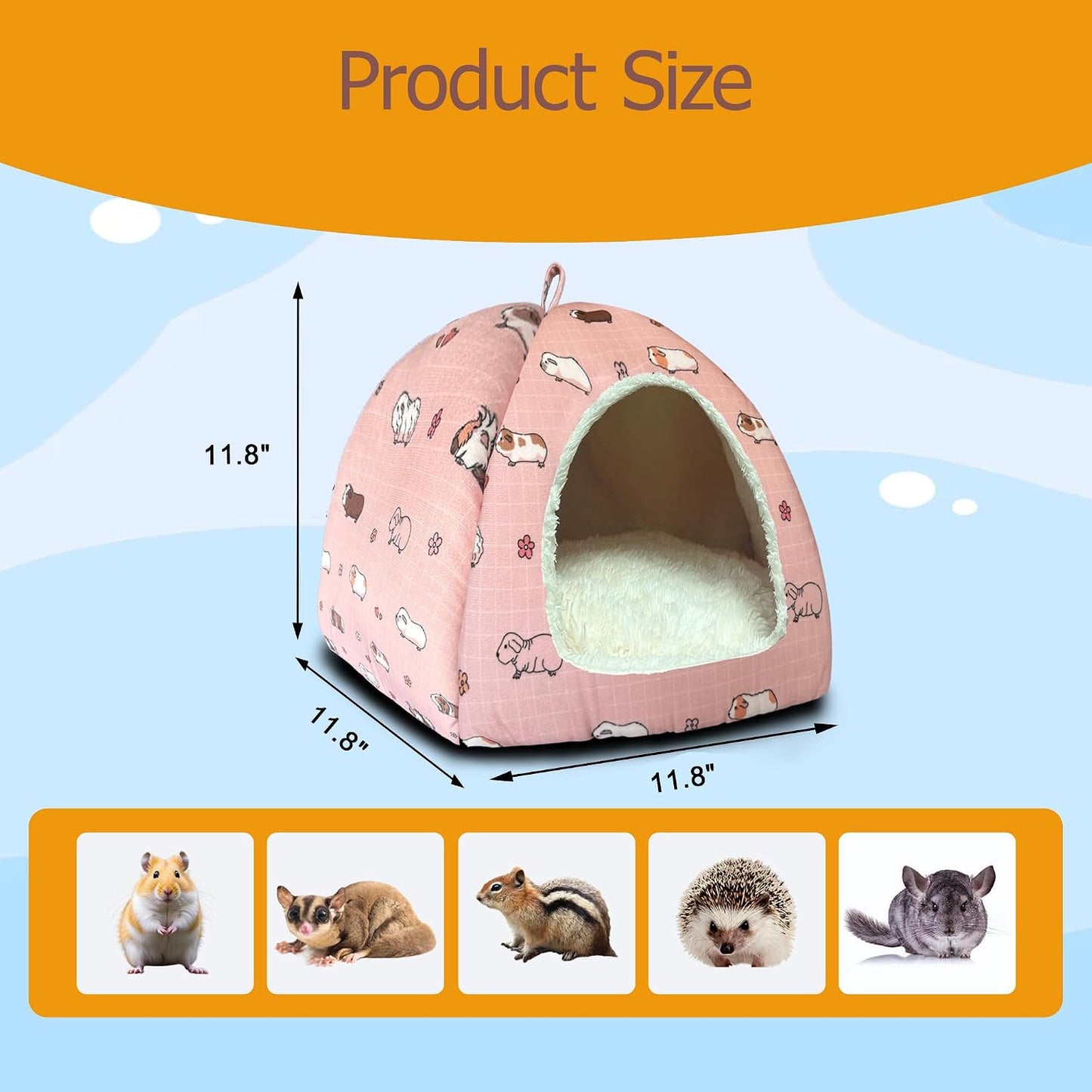 Guinea Pig Hideout Bed 11.8-Inch Cube - Cozy Small Animal House for Guinea Pigs, Chew-Proof Hideaway with Ventilation (Pink, Adorable Guinea Pig Print)
