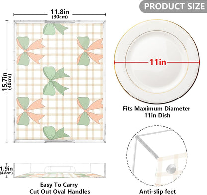 Green Peach Bows Serving Tray, Decorative Ottoman Trays with Handles for Breakfast, Coffee Table, Dining Room, Party - 16" x 12"
