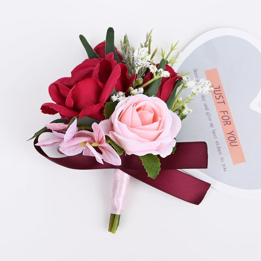 MAFELOE 2 Pieces Boutonniere Wrist Corsage Set, Artificial Rose Flowers Men Women Bride Groom Wedding Prom Party Suit Decor - Red+Pink