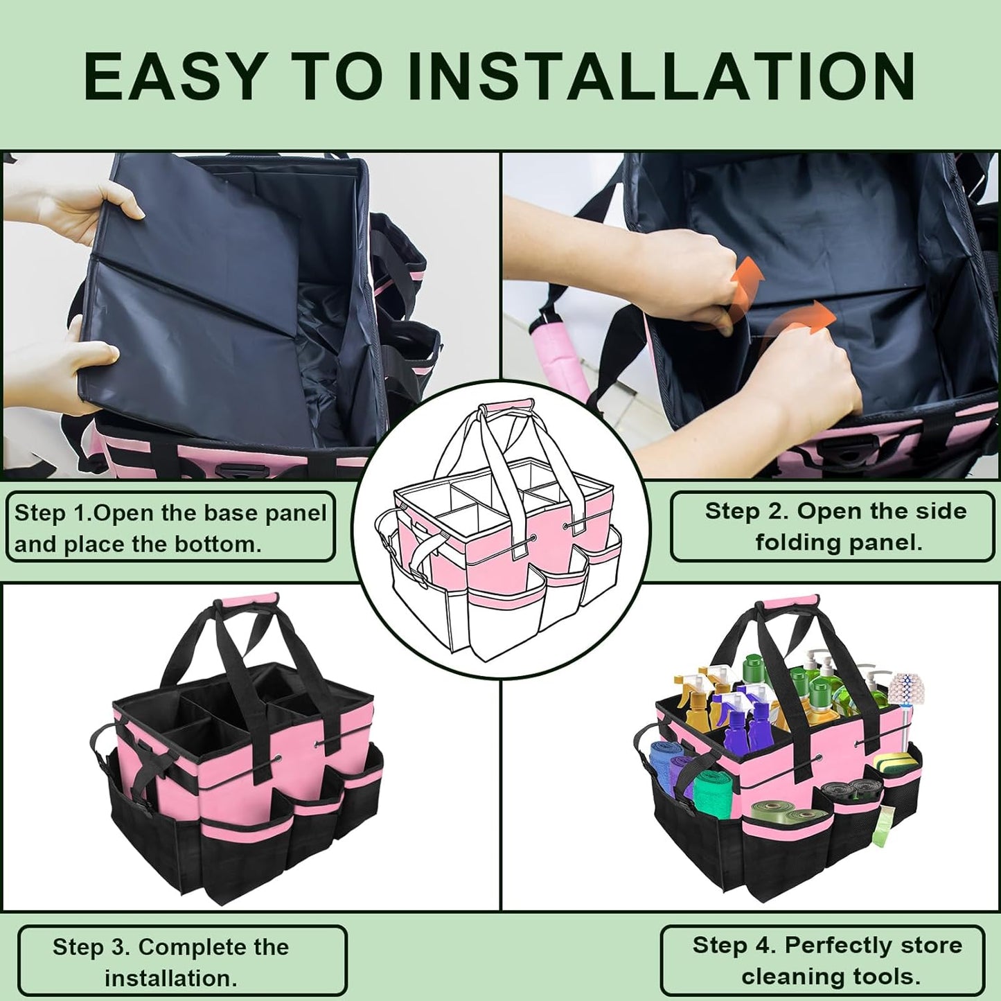 Large Cleaning Caddy Bag – Cleaning Supply Organizer Bag with Handle & Adjustable Shoulder Strap for Housekeepers, Professional Home, Apartment & Office Cleaning, Soft Portable Tote (Pink)