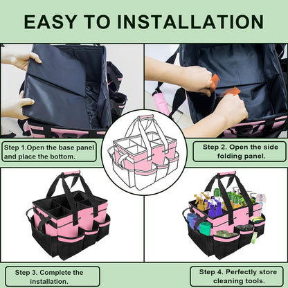 Large Cleaning Caddy Bag – Cleaning Supply Organizer Bag with Handle & Adjustable Shoulder Strap for Housekeepers, Professional Home, Apartment & Office Cleaning, Soft Portable Tote (Pink)