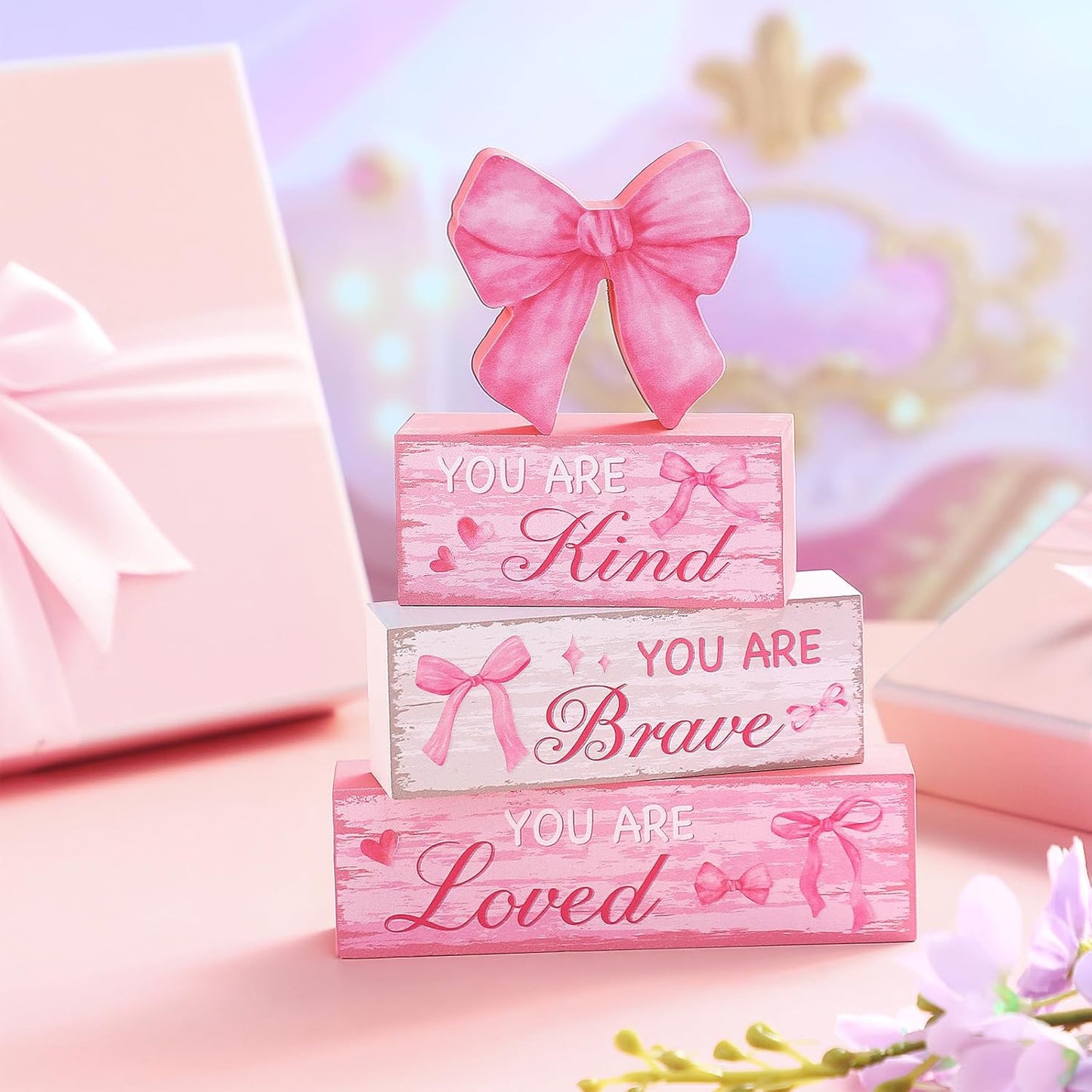 Capoda 4 Pieces Pink Bow Room Decor Bow Tiered Tray Decor Your are Kind, Brave, Loved Centerpiece Wooden Signs for Farmhouse Home Office Entryway Preppy Coquette Inspirational Table Decorations