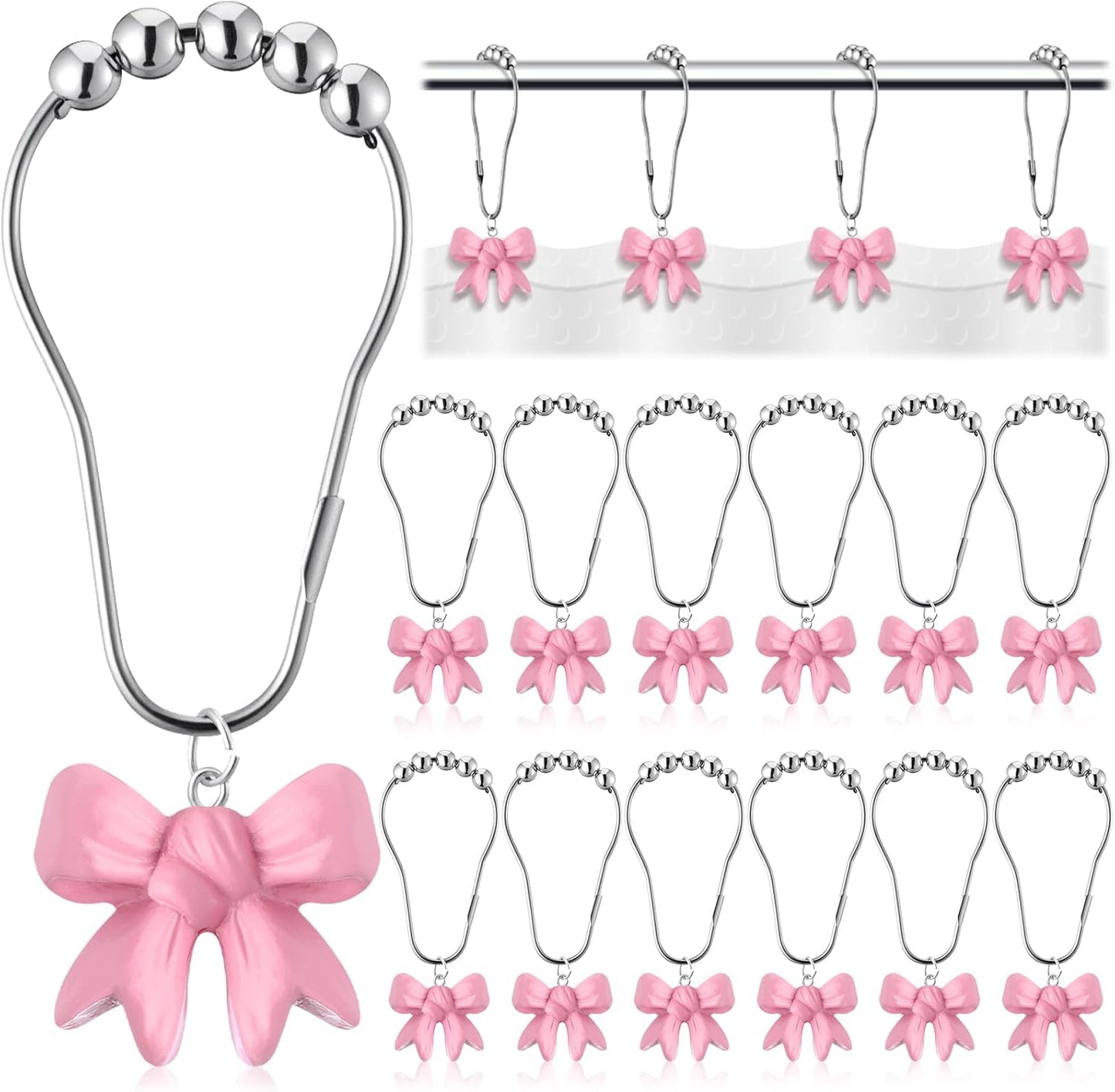 Yaocom 12 Pcs Pink Bow Knot Shower Curtain Hooks Rustproof Metal Decorative Bow Knot Shower Hangers Bulk Cute Glide Curtain Rings for Girl Bathroom Bedroom Living Room Nursery Art Decor (Stylish)