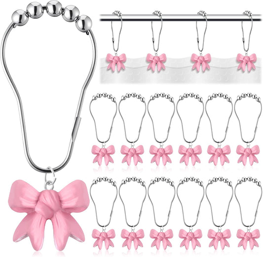 Yaocom 12 Pcs Pink Bow Knot Shower Curtain Hooks Rustproof Metal Decorative Bow Knot Shower Hangers Bulk Cute Glide Curtain Rings for Girl Bathroom Bedroom Living Room Nursery Art Decor (Stylish)