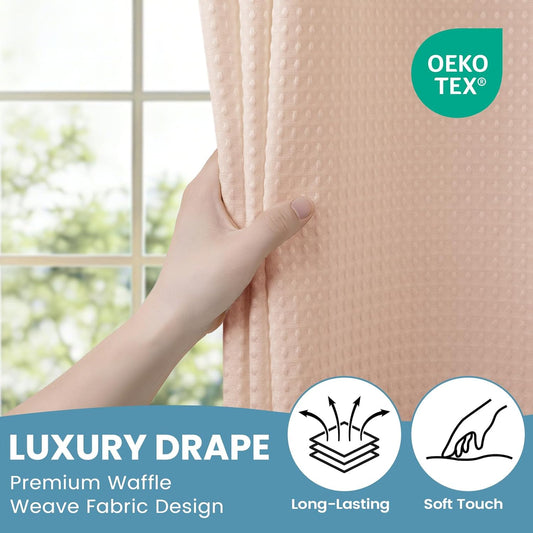 SORTTO No Hook Shower Curtain with Snap in Liner Set Waffle Shower Curtain for Bathroom Hotel Style Fabric Waterproof Inner Liner，71" W x 74" H, Blush Pink