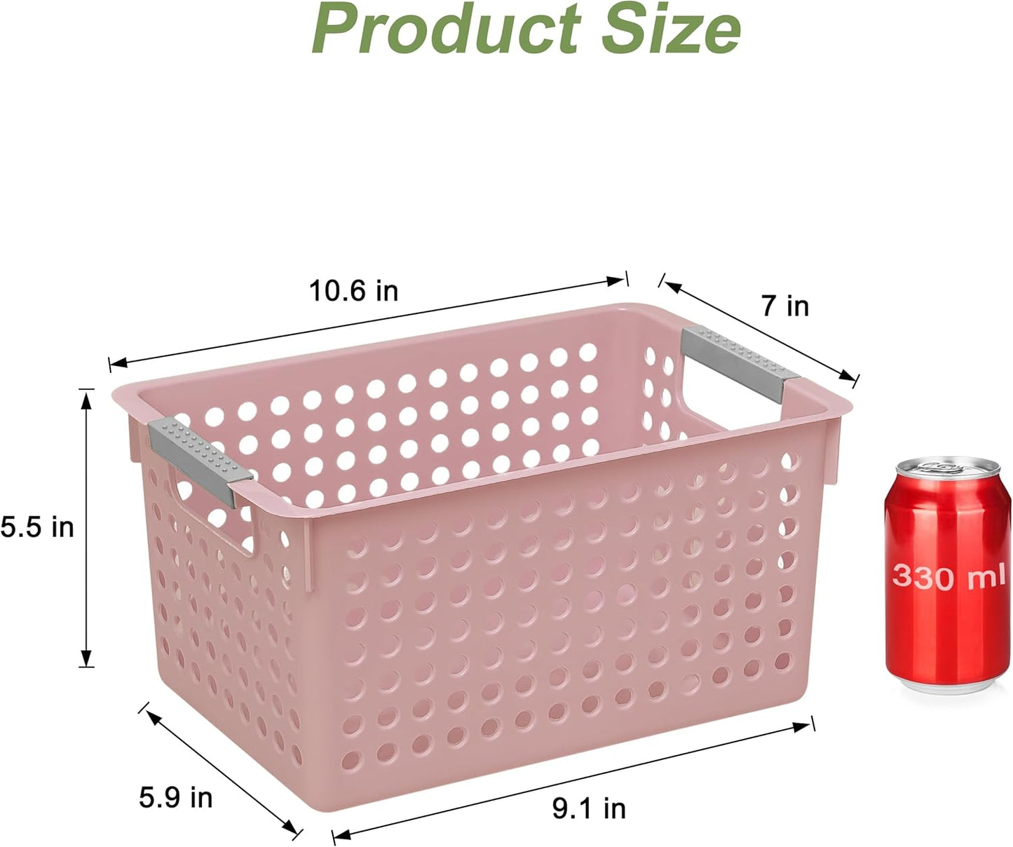 Soddeph 4 Pack Plastic Storage Basket with Handles, Small Deep Organizer Bin with Hollow Design for Under Counter, Shelf, Closet, Kitchen or Bathroom (Pink, Small)