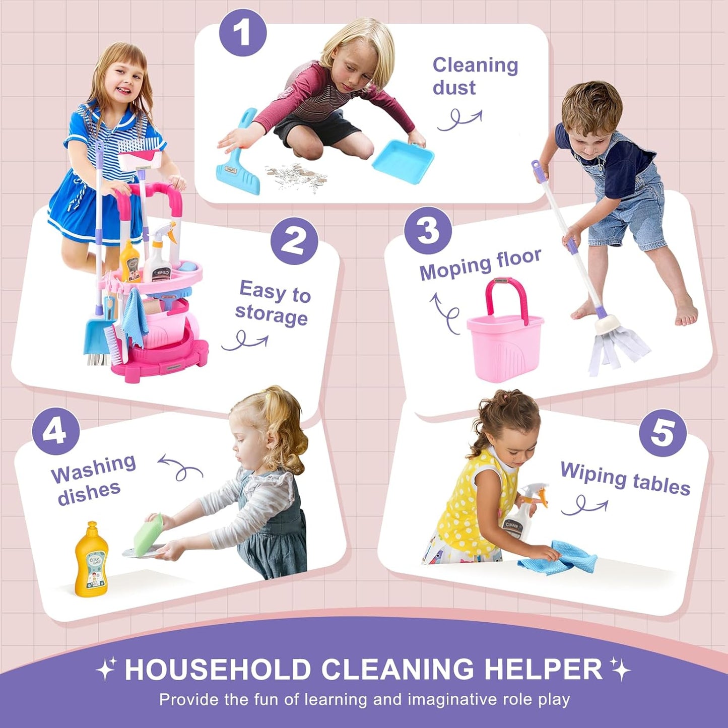 Toddler Cleaning Set, Kids Cleaning Carts Toy Set, Detachable Kids Mop Broom Set for Toddlers - Pretend Play Educational Toy (Pink)
