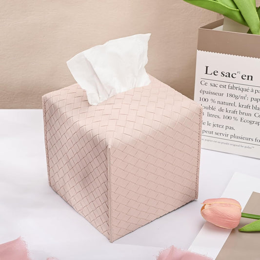 HOMOTEK 1 Pack Tissue Box Cover, Square PU Leather Tissue Holder, Decorative Facial Tissue Cube Paper Organizer Dispenser for Bathroom, Night Stands, Desk, Car 5X5X5'' - Woven Waffle,Macaron Pink