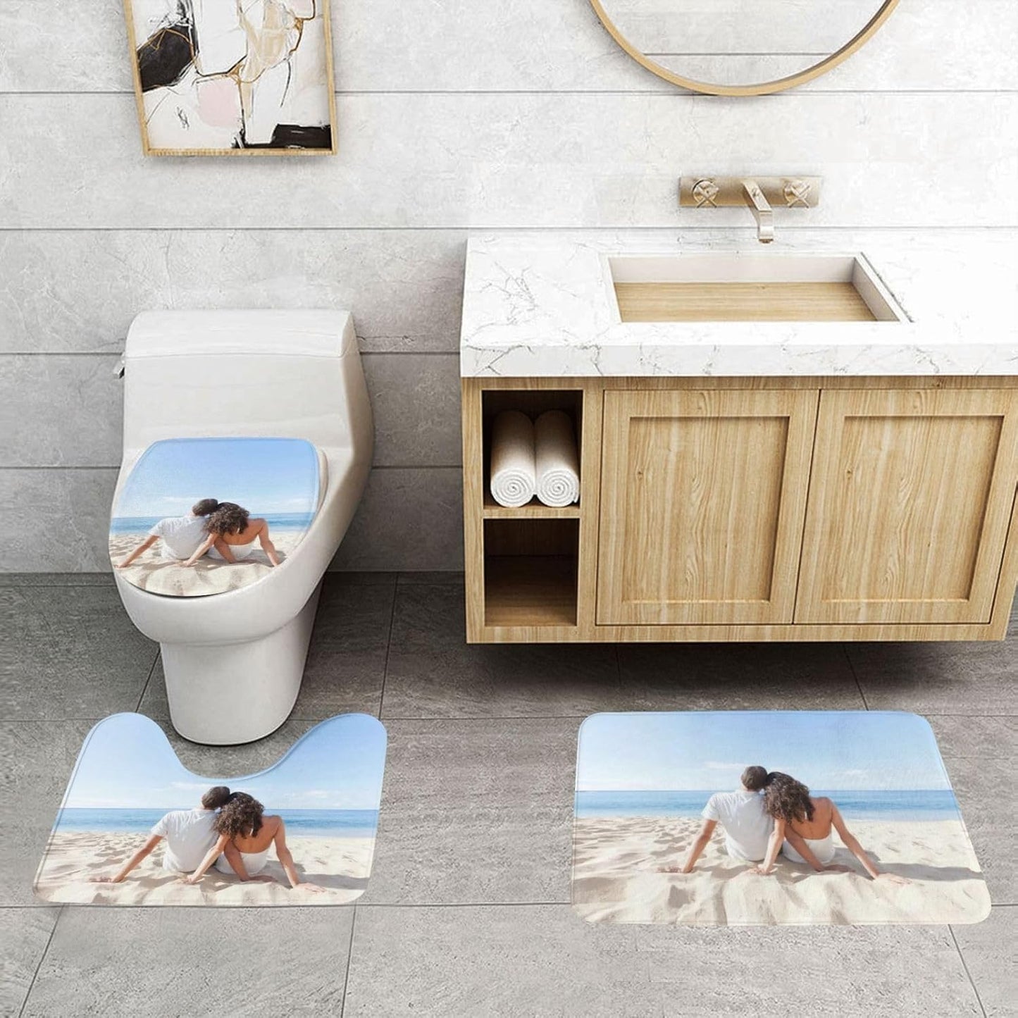 Custom Bathroom Rugs Sets 3 Piece Personalized Bath Rug Set Design Image Logo Text Non Slip Washable Absorbent Floor Mats with U-Shaped Contour Toilet Mat Light-Pink 31.5 x 19.7 Inch