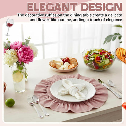 4 Pcs 15 Inch 100% Cotton Scalloped Round Placemats, Thin Pink Place Mats with Ruffle, Washable Placemats Table Mats for Kitchen Dining Holiday Gatherings Decor