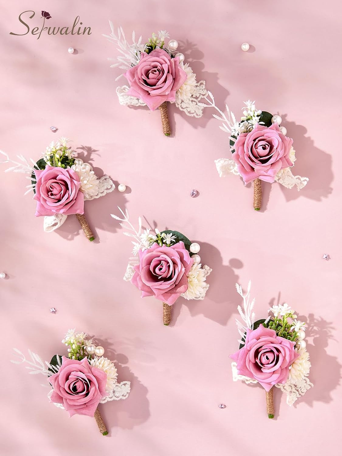 Serwalin 6 Pcs Pink Boutonniere for Men, Groom Groomsmen Best Man Guest Boutonnieres，Artificial Flowers Silk Rose for Wedding Prom Ceremony Anniversary Party Homecoming