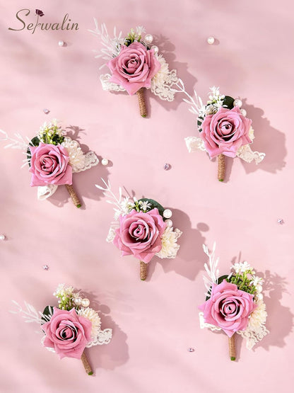 Serwalin 6 Pcs Pink Boutonniere for Men, Groom Groomsmen Best Man Guest Boutonnieres，Artificial Flowers Silk Rose for Wedding Prom Ceremony Anniversary Party Homecoming