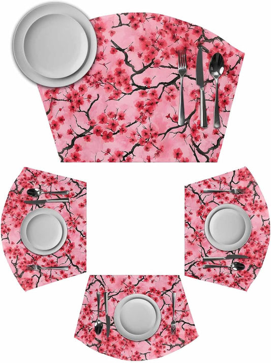 Chinese Flowers Placemats Set of 6 for Dining Table, Woven Round Table Placemats, Spring Pink Peach Blossoms Floral Table Mats Washable Wedge Placemat Indoor/Outdoor Patio Kitchen Décor