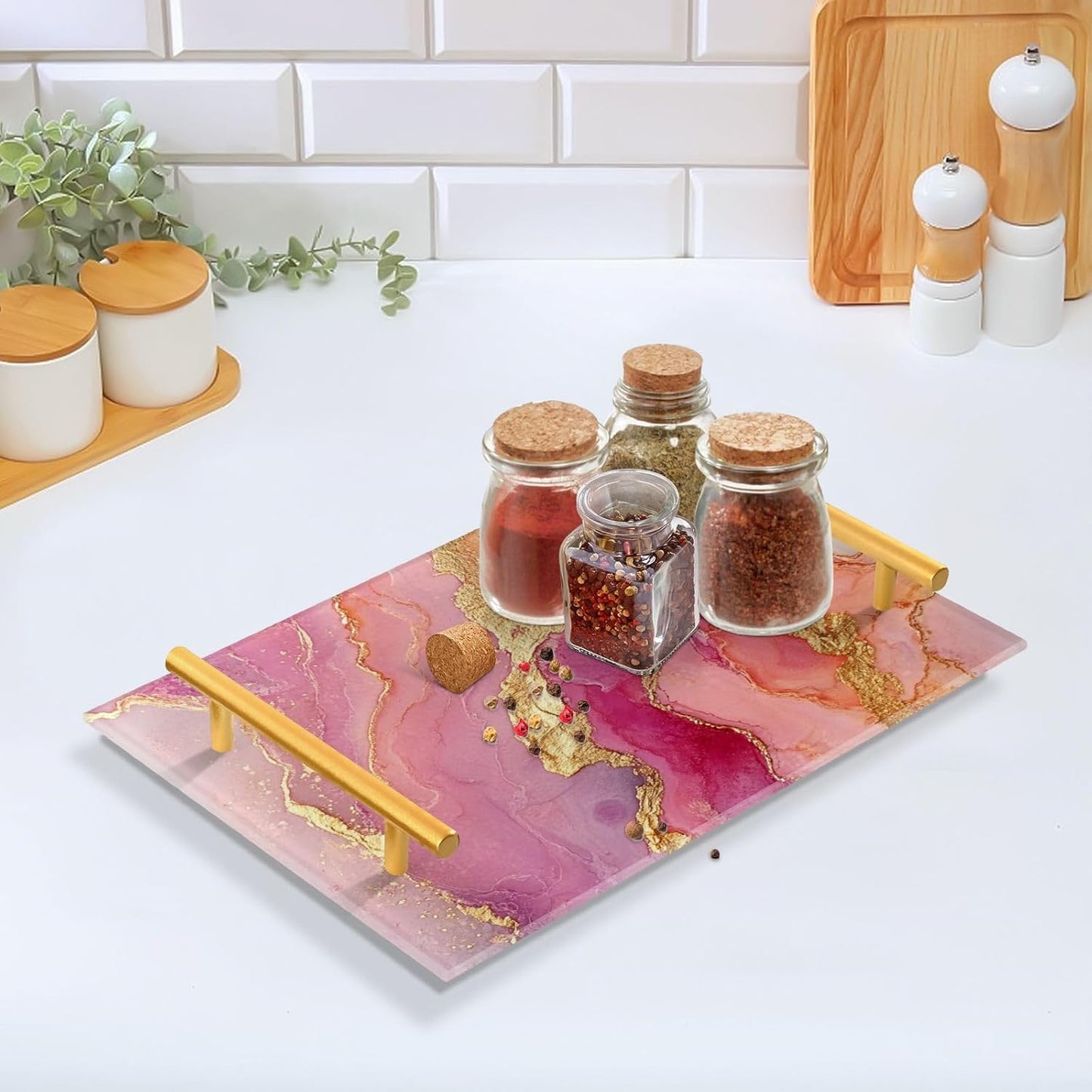 Marble Rose Gold Hot Pink Decorative Acrylic Cafeteria Tray with Handles Flat Serving Tray for Jewelry Perfume for Drink Serving Tabla para desayuno