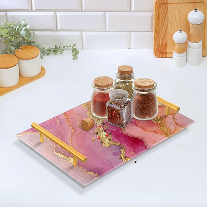 Marble Rose Gold Hot Pink Decorative Acrylic Cafeteria Tray with Handles Flat Serving Tray for Jewelry Perfume for Drink Serving Tabla para desayuno