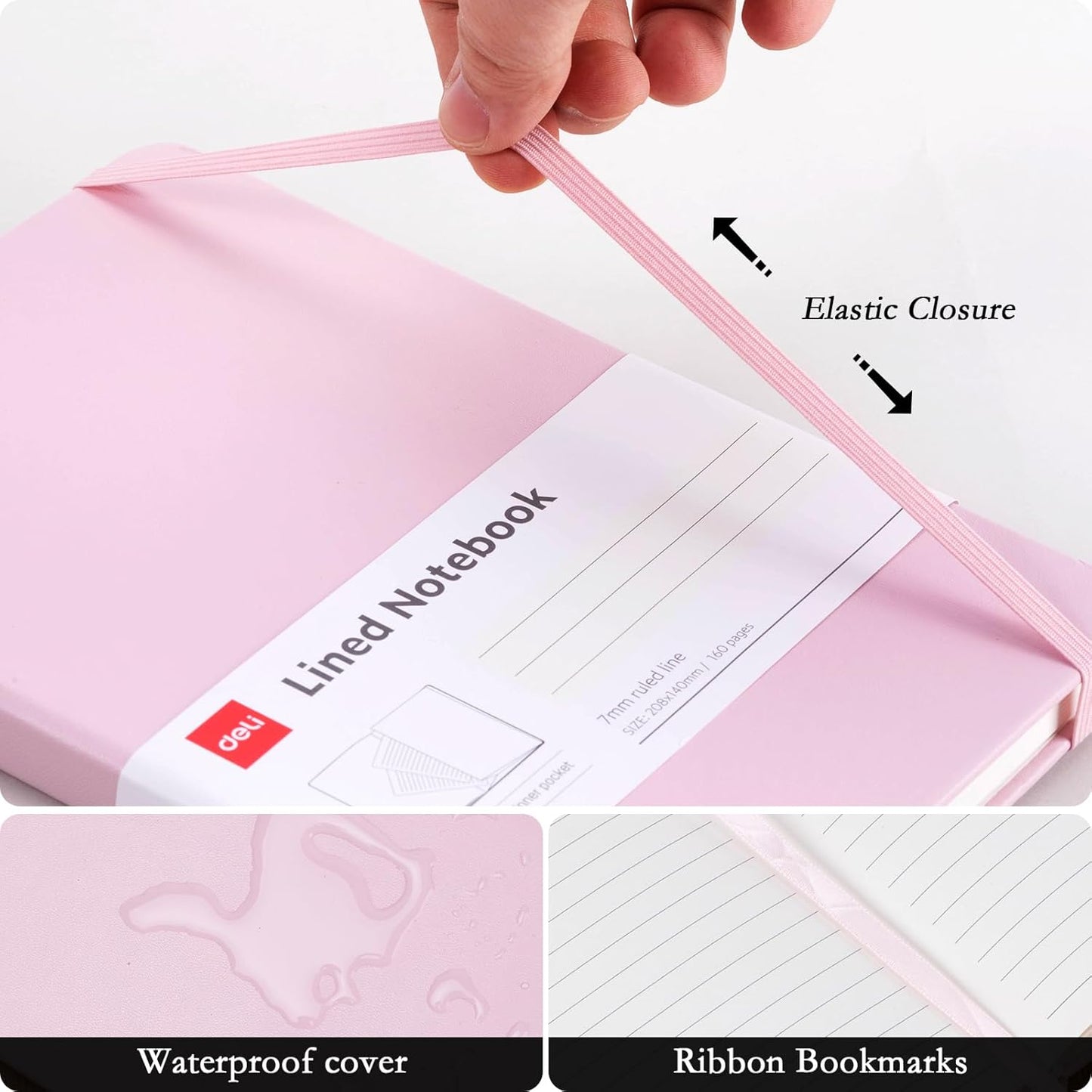 deli A5 Lined Journal Notebook, 160 Pages Hardcover Writing Notebook, 5.5"x8.2" College Ruled Notebook for Office, School, Work Notes (Pink)
