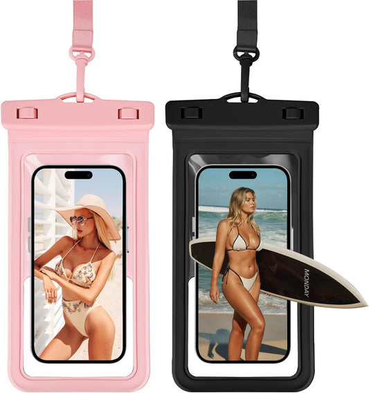 Waterproof Phone Pouch, with Inside Card Holder, Large Waterproof Case Compatible with iPhone 17 16 15 14 13 Pro Max, Beach Cruise Essentials, 2 Pack, Pink and Black