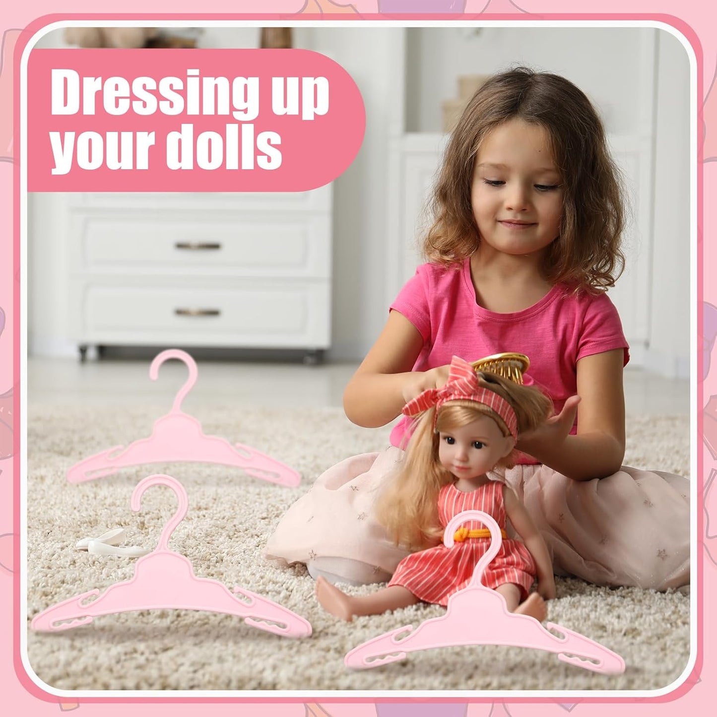 Soulchen 50 Pcs Doll Clothes Hangers for 18 Inch Dolls, Pink Plastic Clothes Hangers with Non-Slip Clips, Space-Saving Wardrobe Accessories for Gown Dress Outfit