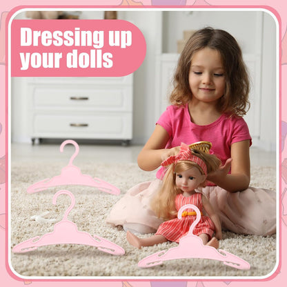 Soulchen 50 Pcs Doll Clothes Hangers for 18 Inch Dolls, Pink Plastic Clothes Hangers with Non-Slip Clips, Space-Saving Wardrobe Accessories for Gown Dress Outfit