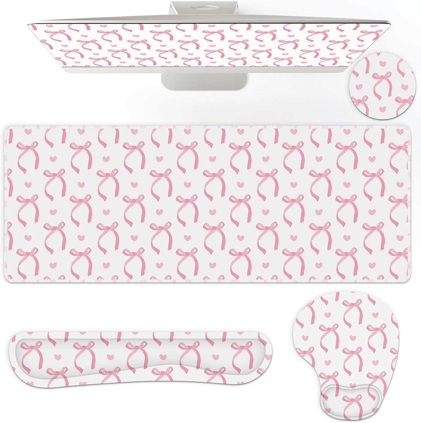 AmazingSpark 4 Pcs Pink Bow Mouse Pad Set Coquette Cute Desk Pad + Mouse Pad with Wrist Rest + Keyboard Wrist Rest + Coaster Ergonomic Design for Office Table Computer(Classic Style)