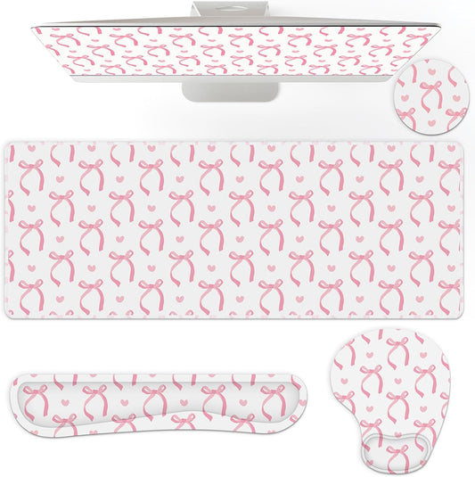AmazingSpark 4 Pcs Pink Bow Mouse Pad Set Coquette Cute Desk Pad + Mouse Pad with Wrist Rest + Keyboard Wrist Rest + Coaster Ergonomic Design for Office Table Computer(Classic Style)