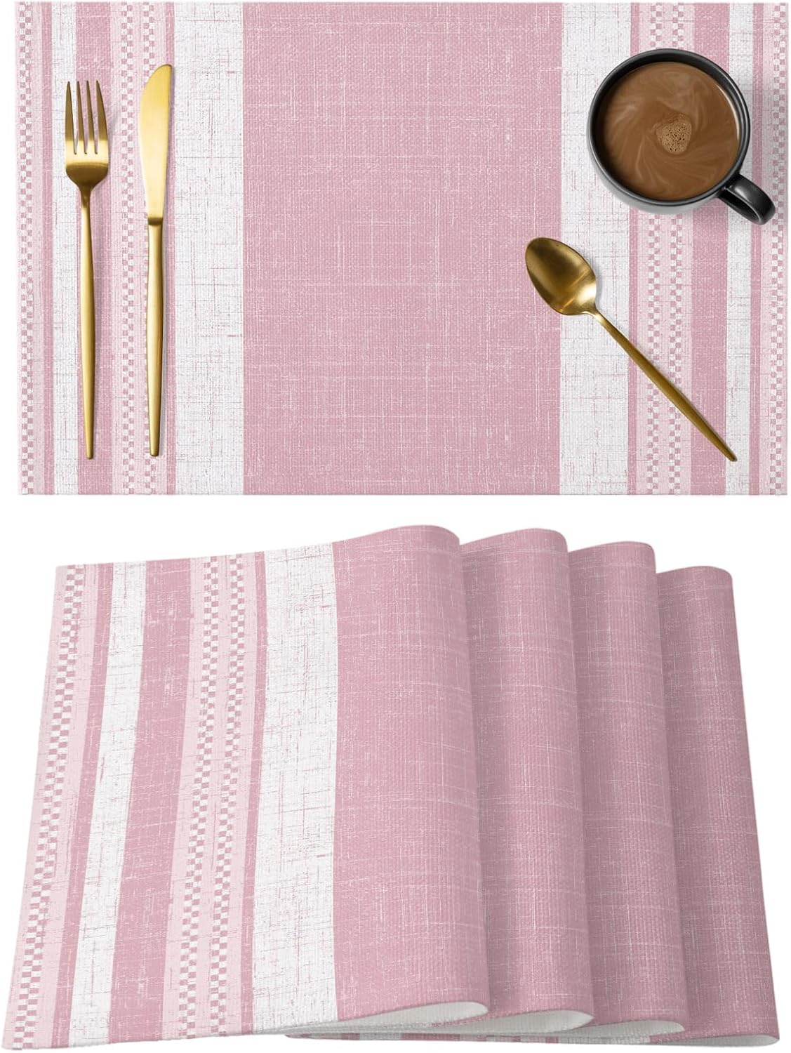 Vintage Pink Striped Placemats Set of 6, Farmhouse Modern Stripes Boho Placemats for Dining Table, Place Mats for Kitchen Tabletop, Waterproof Wipeable Dining Table Mats Set